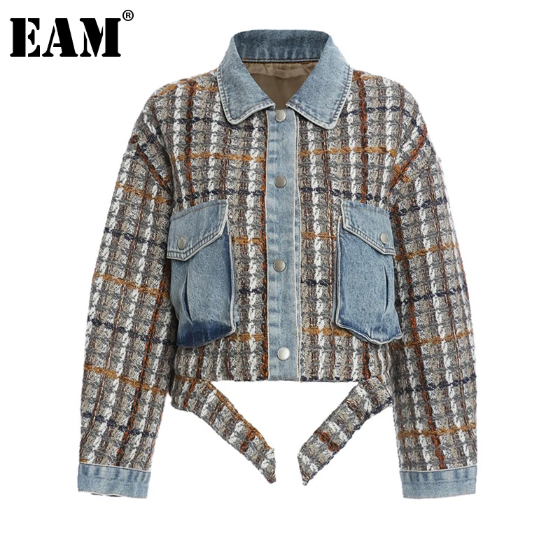 

[EAM] Denim Plaid Tweed Big Size Cotton-padded Coat Long Sleeve Loose Fit Women Parkas Fashion New Autumn Winter 2021 1Z822