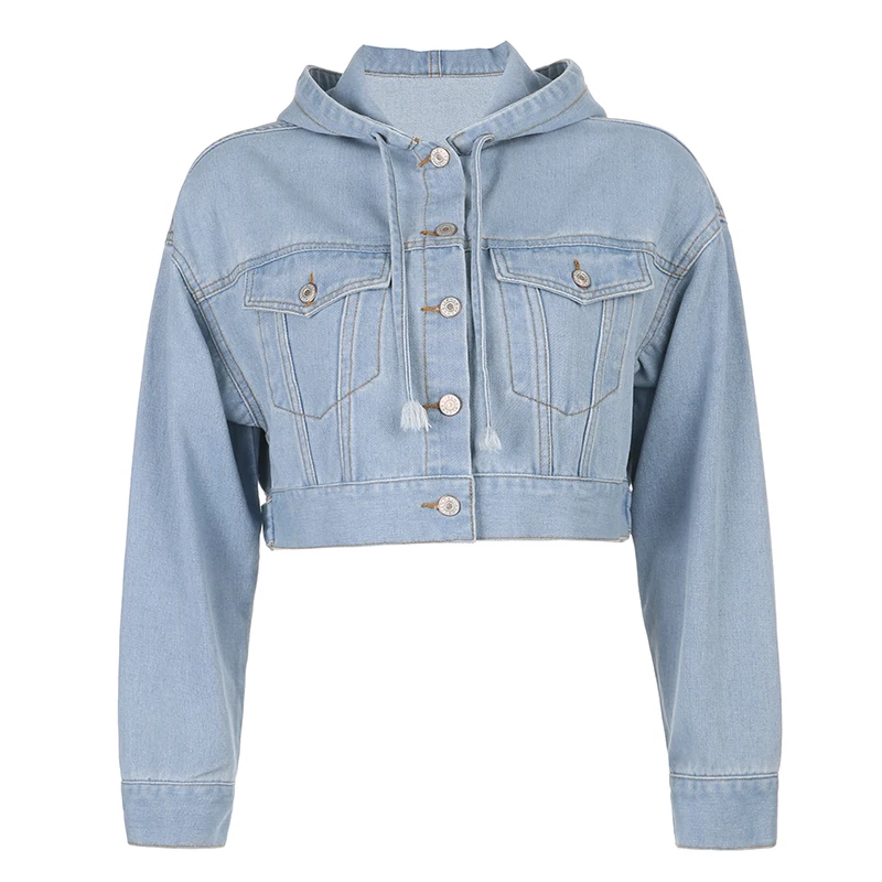 

Weekeep Loose Streetwear Women's Denim Jacket Hooded Fashion Casual Short Coat Women Autumn Long Sleeve Vintage Pocket Outerwear