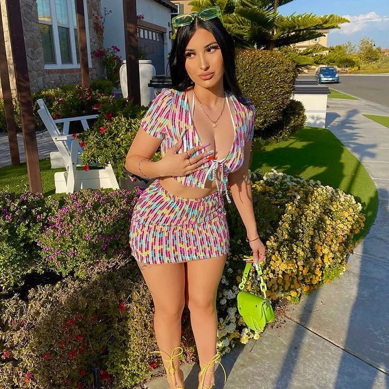 

2021 Slim Y2K Color Cropped Top Skirt Two Pieces Sets Short Sleeve Vintage Lace Up Top and Mini Skirts E-Girl Summer Sexy Sets