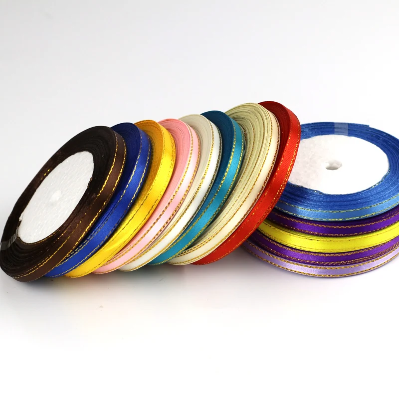 Атласные ленты с золотистыми краями 6 мм 22 метра в рулоне для свадьбы Рождества