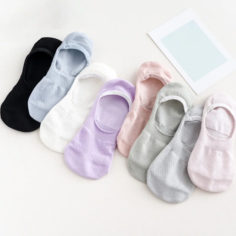 5Pairs/Lot Women Silicone Non-slip Invisible Socks Summer Solid Color Mesh Low Cut Boat Sock Female Cotton No show Slipper Socks