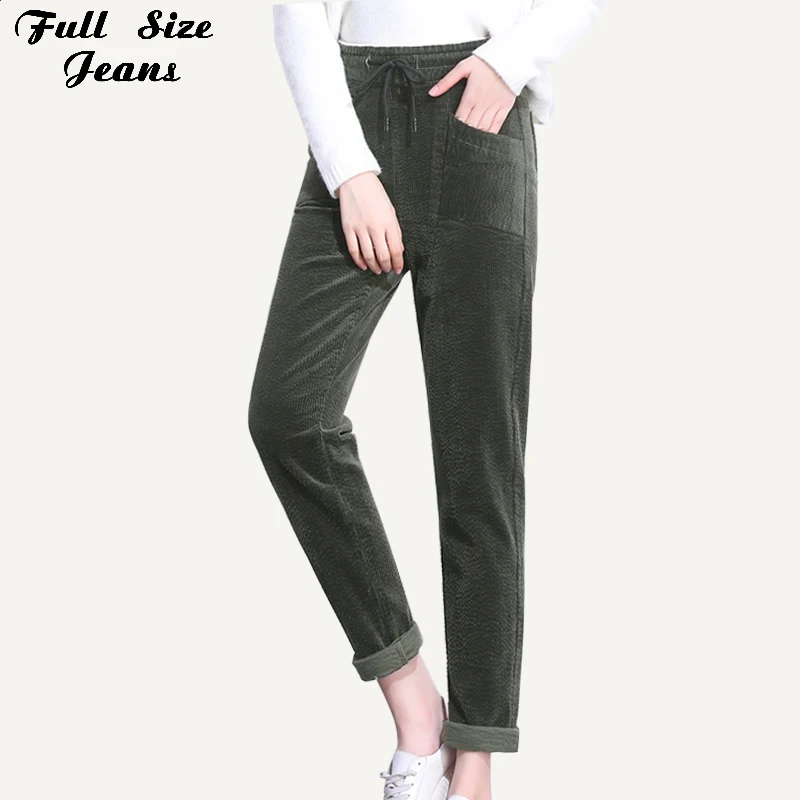 Plus Size Drawing Elastic Waist Pocket Dark Green Corduroy Loose Harem Pants 3XL 4XL Autumn Carrot Pant Women Trousers | Женская одежда