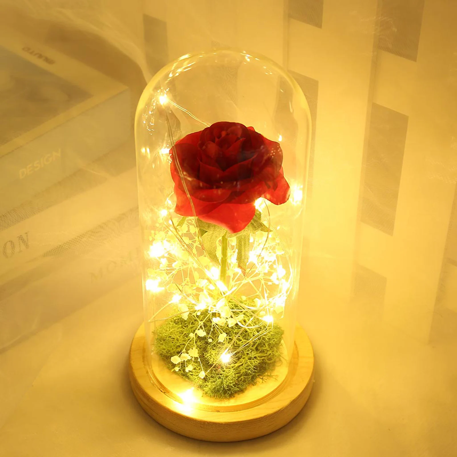 

Cloth Rose in Glass Dome with LED String Light Rose Light Home Decor Christmas Valentine's Gift