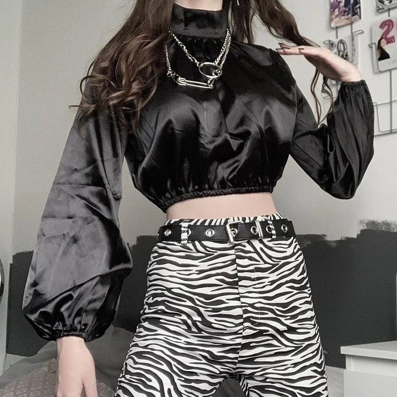 

Rockmore Punk Gothic Long Sleeve Women's T-shirts Satin Cropped Top Y2K Dark Harajuku T shirt 90S Vintage Tee Streetwear Female