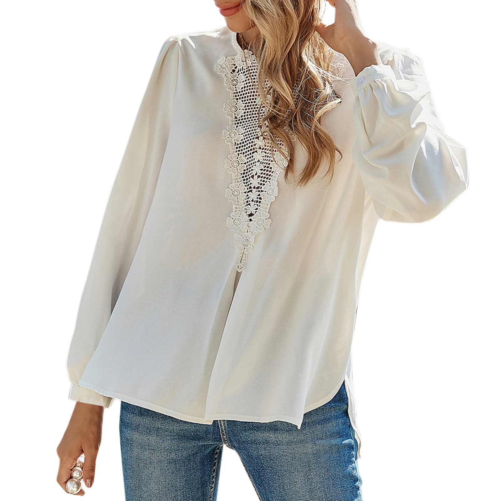 

Женская винтажная кружевная блузка, ажурная тонкая рубашка с цветочным принтом и рукавами-фонариками в уличном стиле на лето и весну, 2021