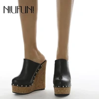 niufuni women sandals slippers plus size 35 42 rivet platform wedge high heels casual shoes for women slides sandales femmes