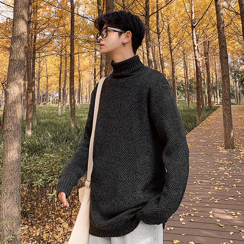 Мужская водолазка хлопковый пуловер Осень зима теплый просторный однотонный