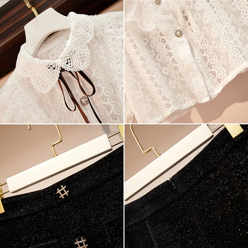 

CBAFU new spring summer women's set hollow out lace blouse tweed skirt two piece set black mini skirts runway top shirts M293