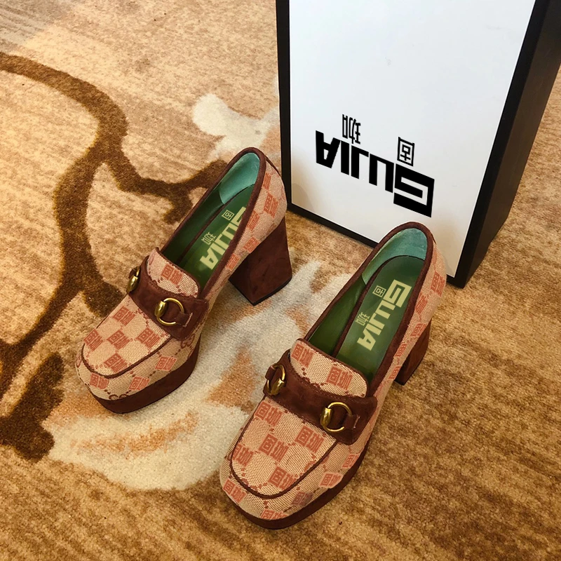 

French gujia business dress leather shoes women 2020 top cow leather shoes thick heel casual leather shoes gift box