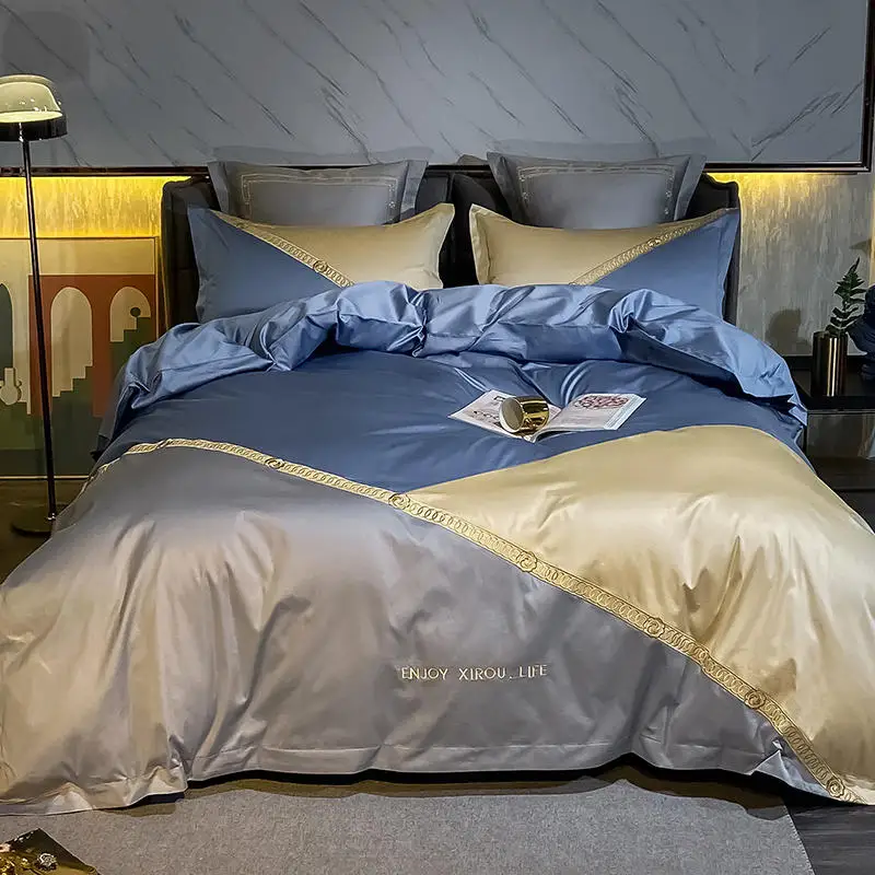 

High end business/home Bedding Sets 100S Home Textile Bedding Diagonal coloring Bed linen Double bed Duvet Cover Blue gray Khaki