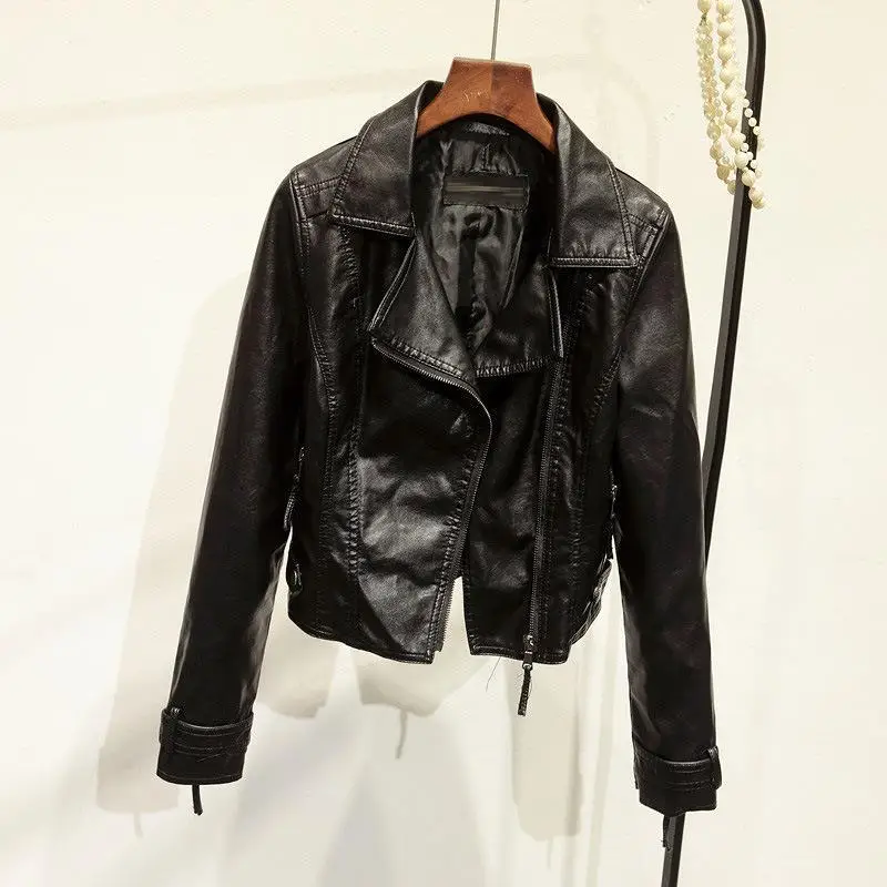 Модная свободная Короткая кожаная куртка для женщин весна-осень 2019 Дамская из