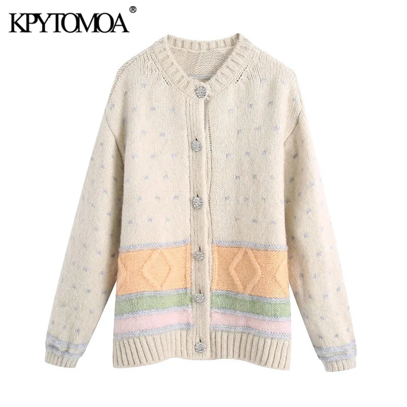 

Женский винтажный Топ KPYTOMOA, свободный свитер кардиган на пуговицах, с длинным рукавом, украшенный бисером, в стиле пэчворк, 2021