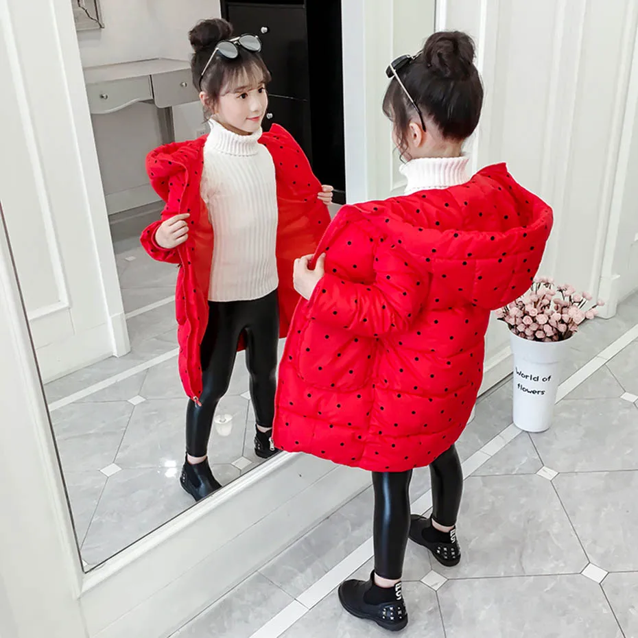 Witer Coat For Girl Dot Pattern Girls Coats Parka Fashion Children's With Hoodies Teenage Clothes 6 8 10 12 14 Year | Детская одежда