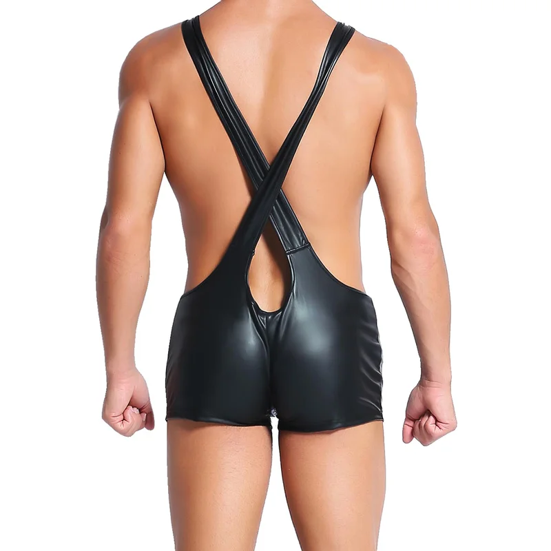 

Sexy Mens Jumpsuits PU Leather Strap Cross Novelty Bodysuits Shorts Zipper Crotch Catsuits Singlet Playsuits Party Undershirts