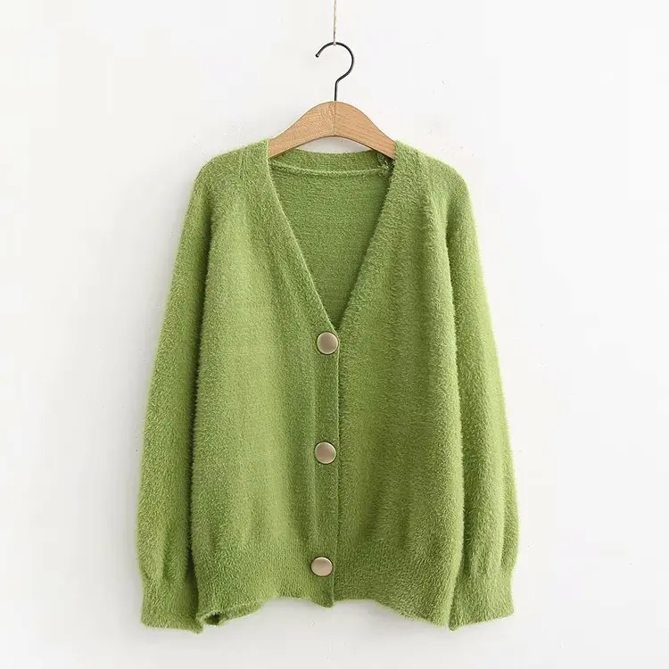 Loose Cardigan Sweater Women Gold Buckle Knitted Jacket Coat Solid Color V Neck Cardigan Autumn Winter Women Clothes