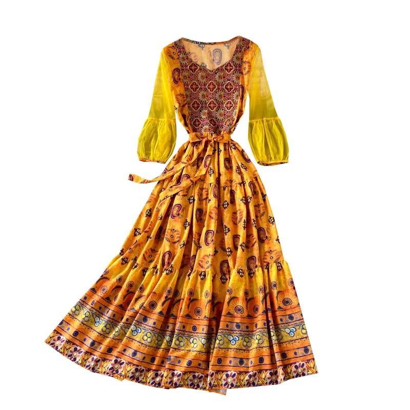 

National Style New French Retro Mesh Stitching Vestidos Female Bohemian Embroidery Round Neck Puff Sleeve Midi Dress GK658