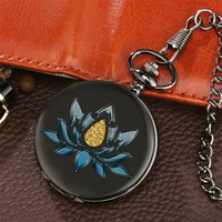 blue lotus printed smooth black quartz pocket watch antique pendant clock fob chain pocket clock gifts men women