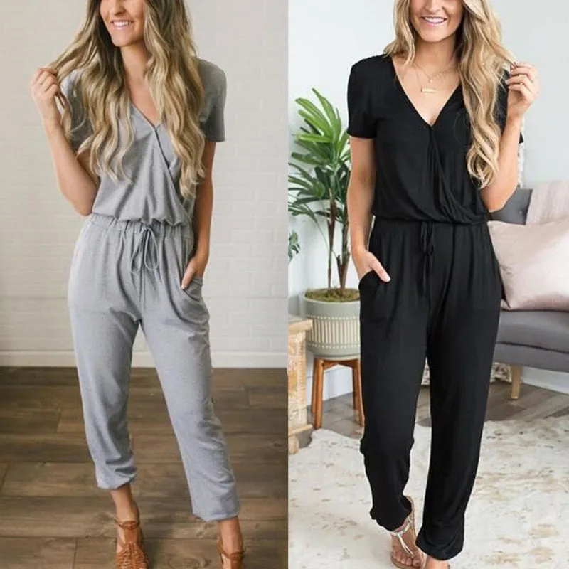 Женский Длинный комбинезон с короткими рукавами сексуальный черный пляжный