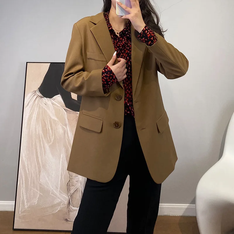 

Women Coat 2021 Wide-shoulder Old Suit 2021 Autumn New Solid Color Lapel Mid-length Women's Suit