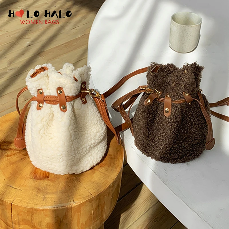 

Кошельки и сумочки из овечьей шерсти, повседневная сумка через плечо для женщин, простая однотонная сумка на плечо, сумка-мешок из искусстве...