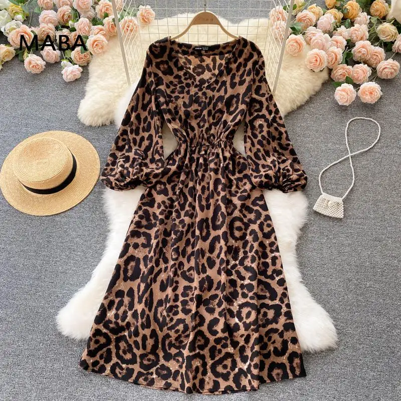 

Женское леопардовое платье с V-образным вырезом, длинным рукавом