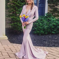 long sleeves open back plunge v neck mermaid bridesmaid dresses pleats with zipper back formal evening party dresses