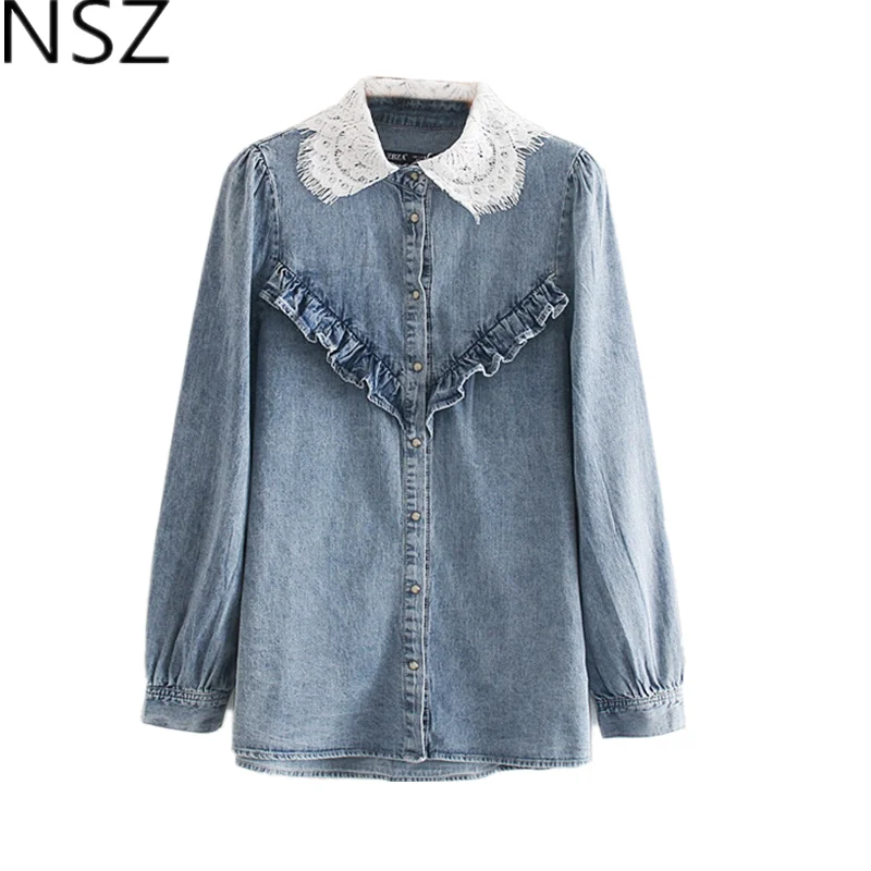 Женская Джинсовая блузка с оборками NSZ белая Повседневная Туника кружевным