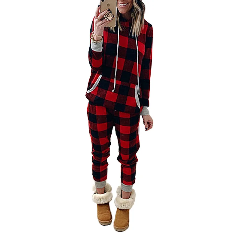 

Autumn Hot Style Pullover Women's Plaid Print Long-Sleeved Hoodie Casual Sweatshirt Home Suit