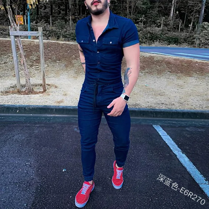 

WEPBEL Denim Jumpsuit for Mens Overalls Casual Notched Short Sleeve Rompers Solid Color Overall Single Breasted Pocket Trousers
