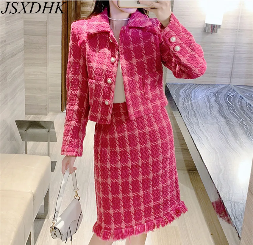 

JSXDHK Elegant Women Tweed Jacket Two Piece Set Fall Winter Pink Plaid Lapel Short Coat +Woolen Tassel Bodycon Pencil Skirt Suit