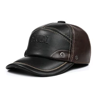 man genuine leather letter printed baseball cap mens cowhide two tone outdoor leisure warm caps with tab ear protect gorra