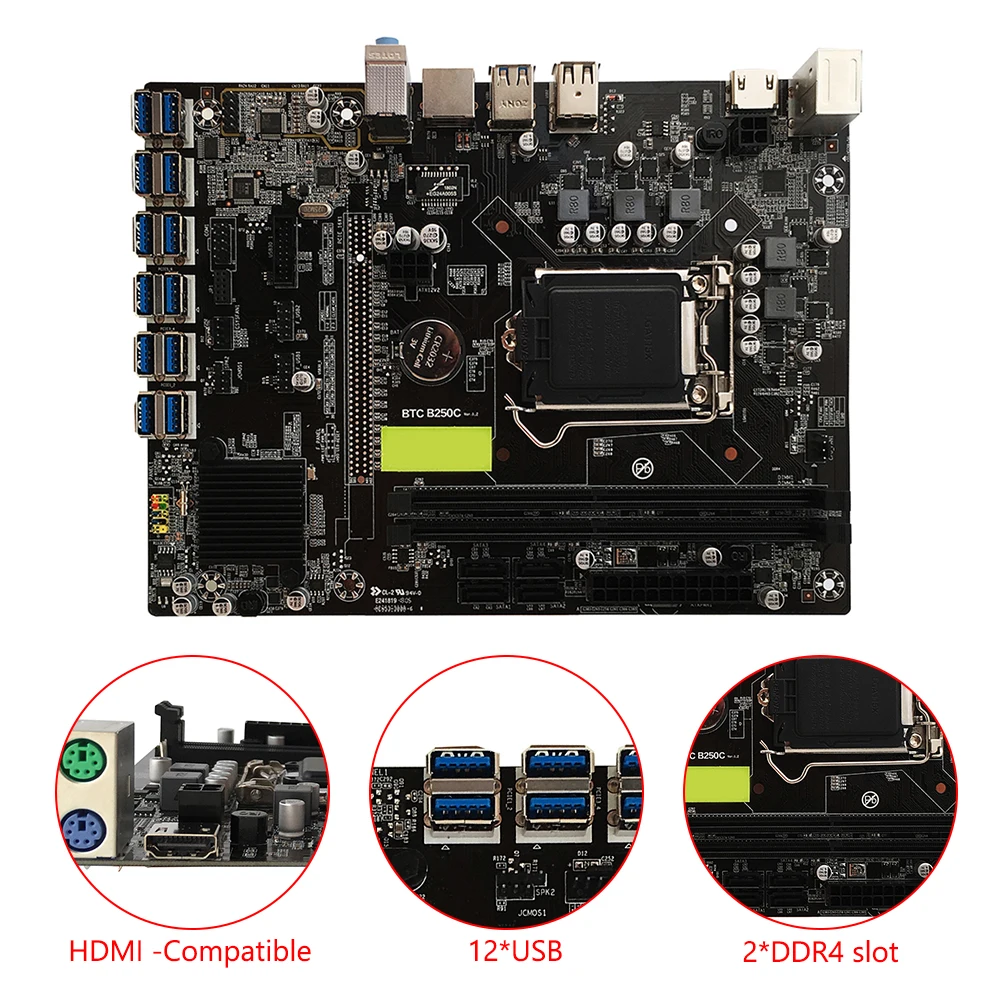 mining motherboard b250c btc 12p pcie 1x to usb3 0 graphics card supports lga 1151 gen67 cpu ddr4 hdmi compatible fit for miner free global shipping