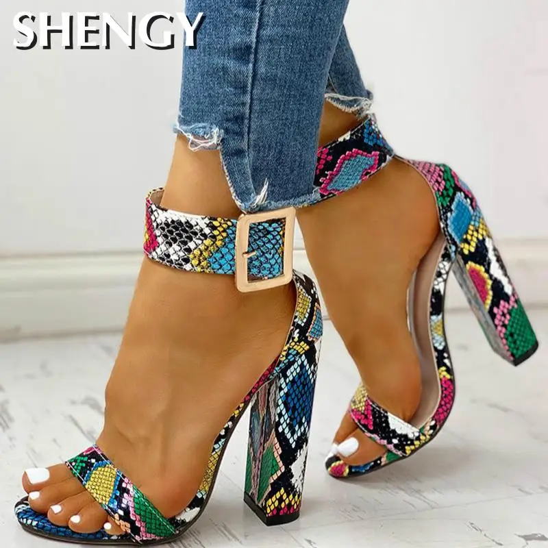 

2020 Summer Women Shoes Snakeskin Ankle Buckled Sandals Chunky Heeled Sandals Open Toe Leopard Party Shoes