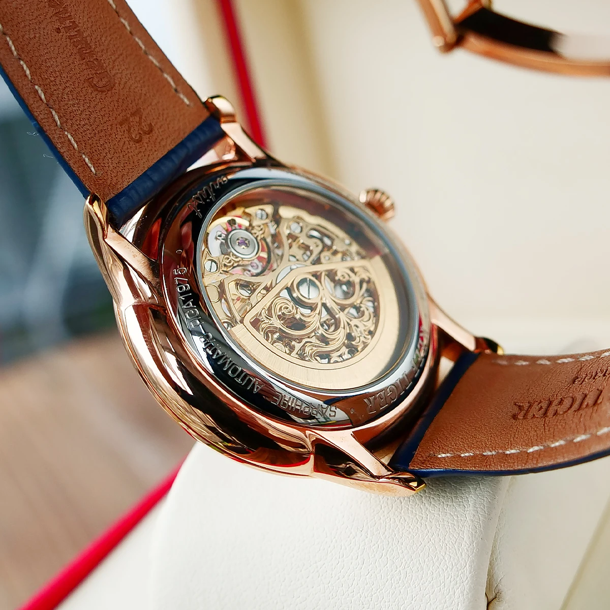 Мужские часы скелетоны из телячьей кожи цвета розового золота|tiger design|watch automaticwatch