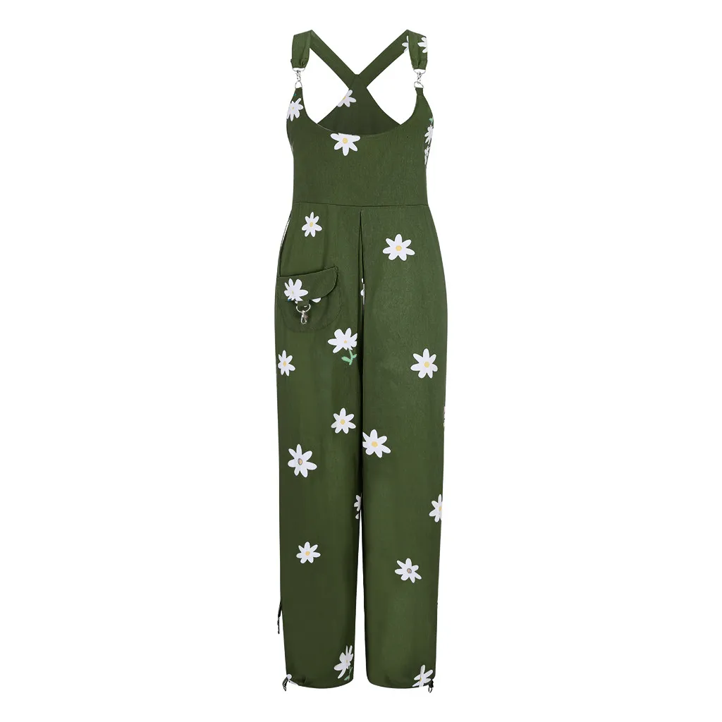 

Off-shoulder Jumpsuits Summer Holiday Floral Print O-Neck Rompers Pocket Ladies Boho Loose Overalls Long Trousers Pants Casual