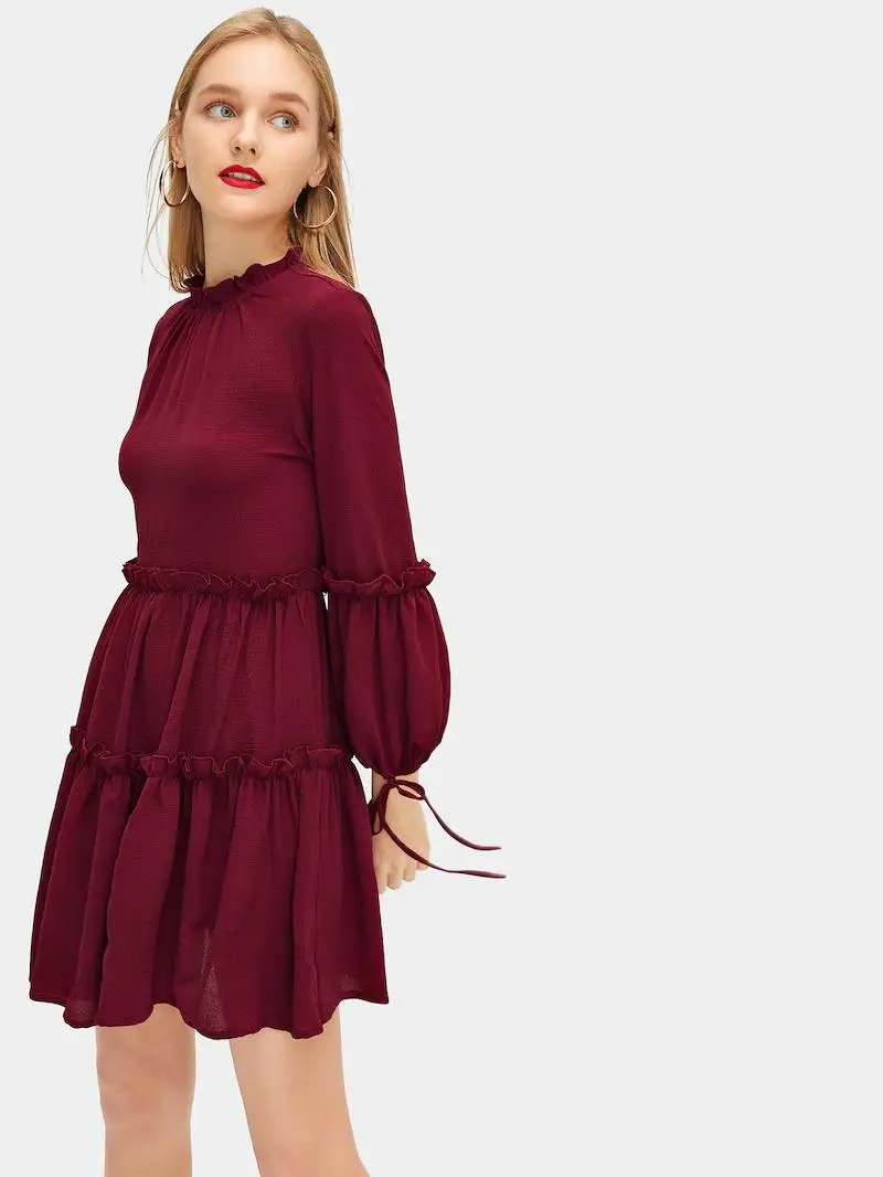 

Women Robe Femme Spring Autumn A-Line Dresses Hollow Out Ruffles Bandage Lantern Sleeve Slim Dress For Woman Vestido De Mujer