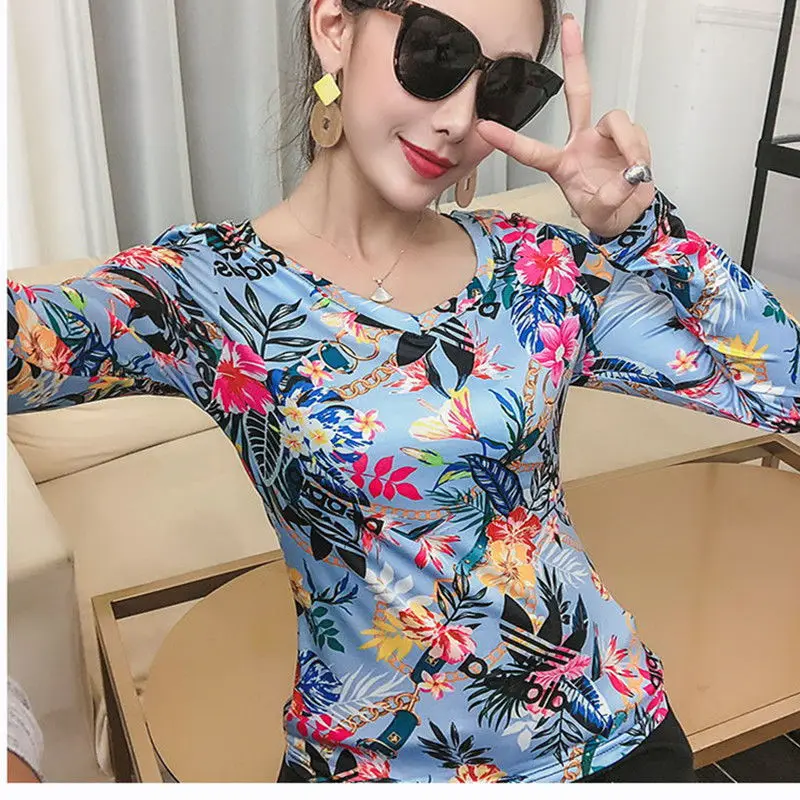 

Autumn new fashion V-neck print bottomed blouse women's long sleeve slim versatile T-shirt