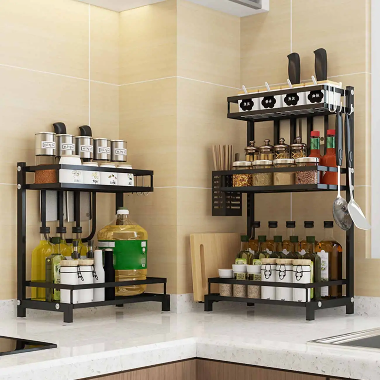 

Contracted Durable Standing Spice Rack 2 Tier Spice Bottle Jars Storage Shelf With 3 Hooks Perfect For Holding Kitchen Utensil
