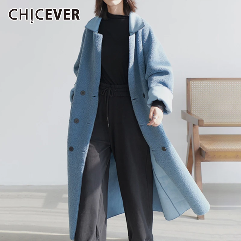 

CHICEVER Casual Coat For Women Lapel Long Sleeve Patchwork Pockets Back Split Loose Oversized Thic Coats Female 2020 Fall Style
