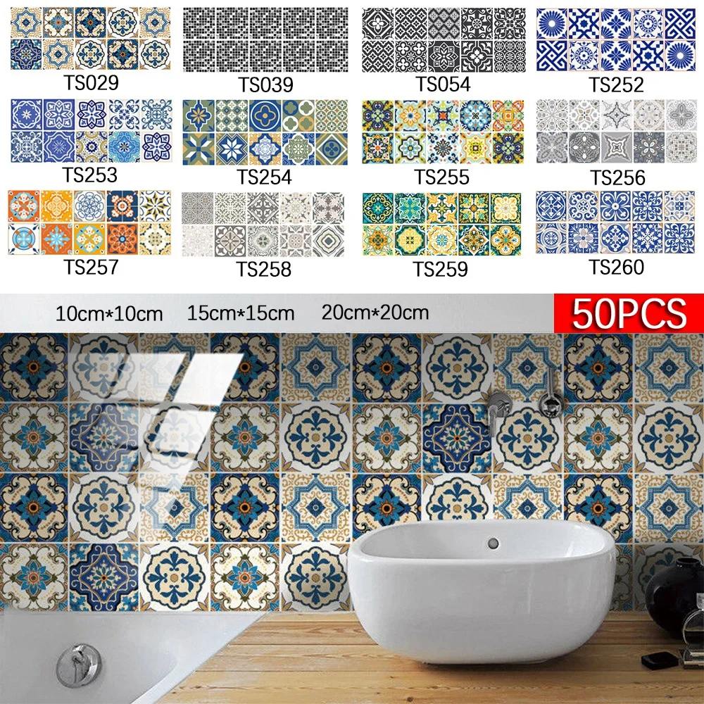

50Pcs Self-adhesive Tile Stickers for Bathroom Kitchen Decoration Removable Wall Sticker Oilproof Waterproof Sticker Decals