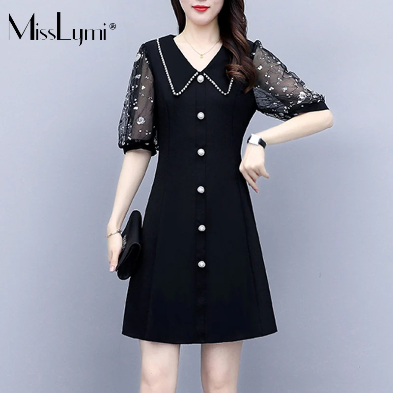 

L-5XL Plus Size Women Black Dress Summer 2021 Beading Peter pan Collar Mesh Patchwork Short Sleeve Single-breasted A Line Dress