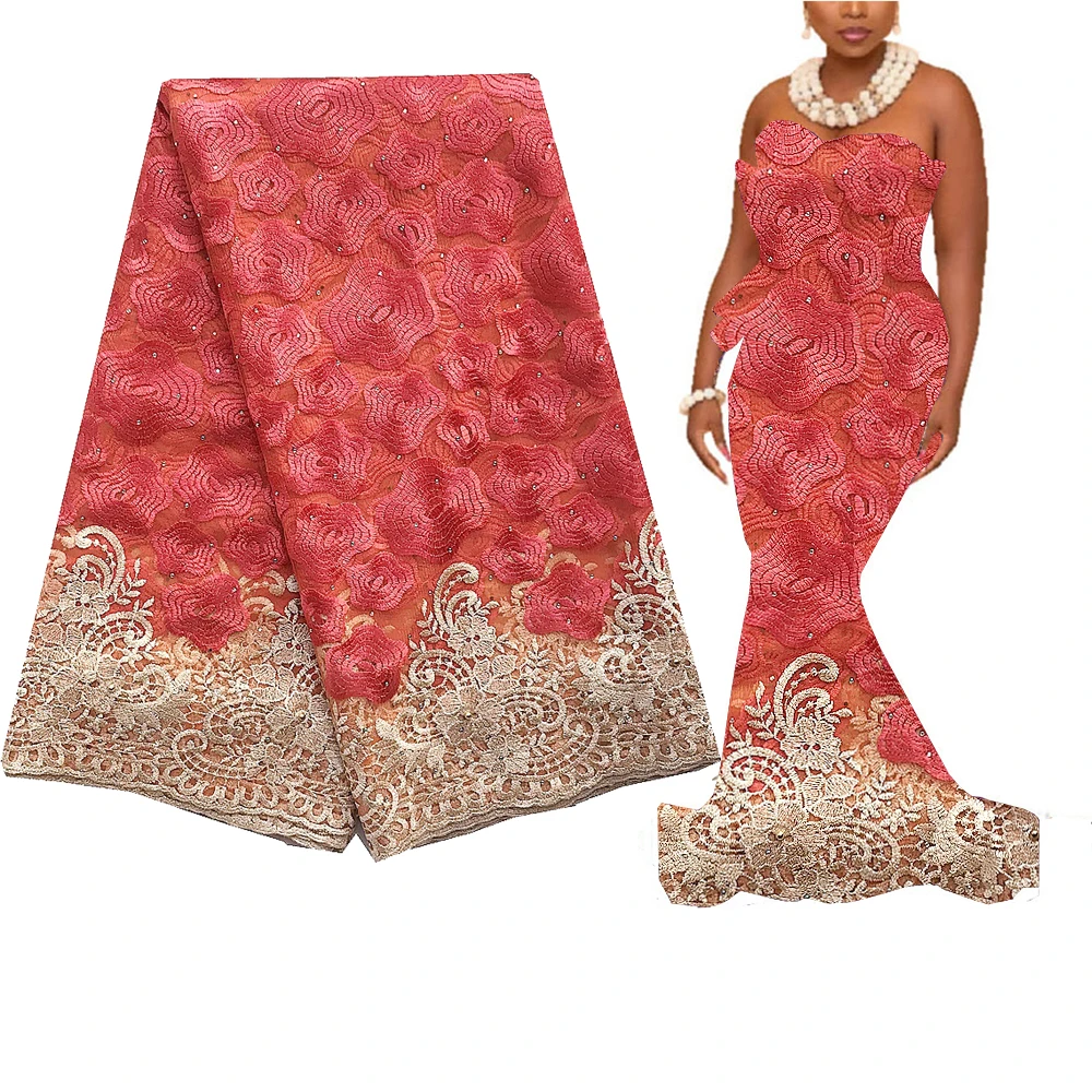 Африканская сетчатая кружевная ткань 2020 Белая французская розовая вуаль