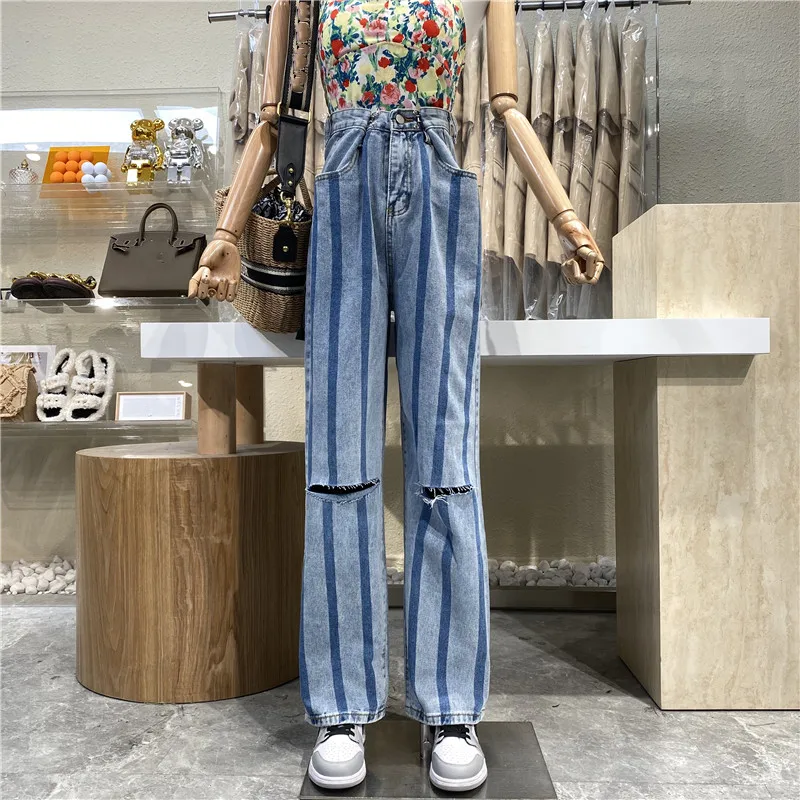 

Brand Original Design 2021 Vertical Stripe Buckle Adjustable High Waist Cut Denim Wide Leg Pants Retro Casual Straight Pants