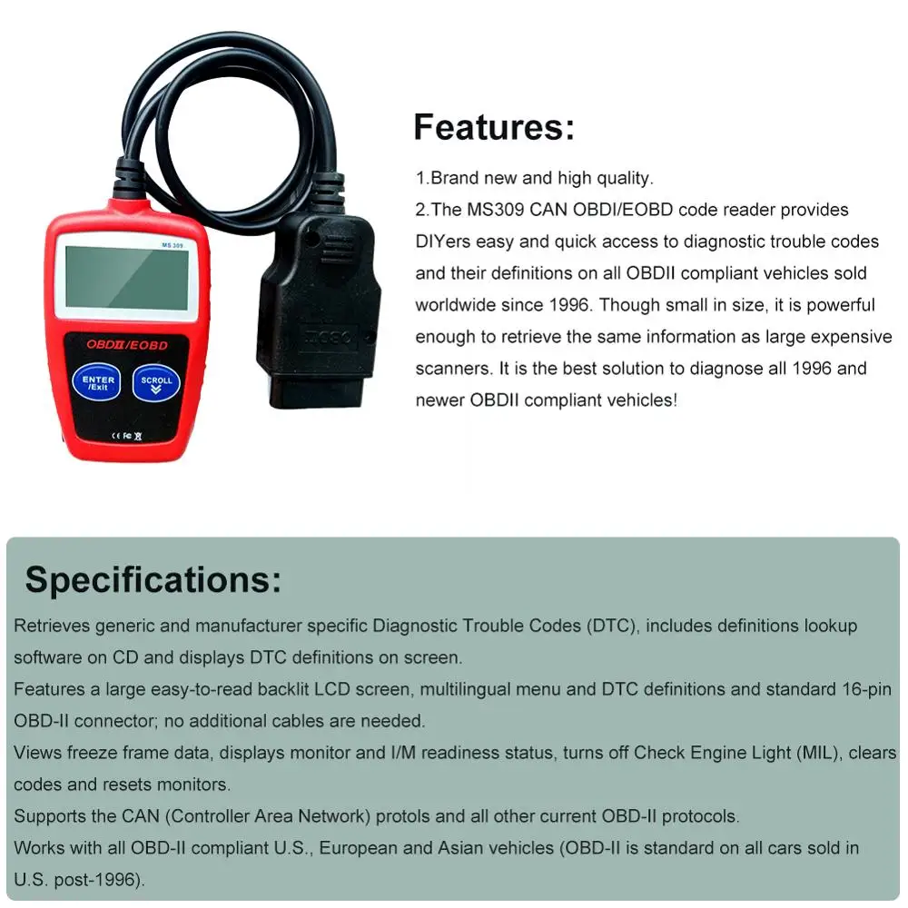 Считыватель кодов OBD2 MS309 сканер OBDII EOBD CAN диагностический инструмент для