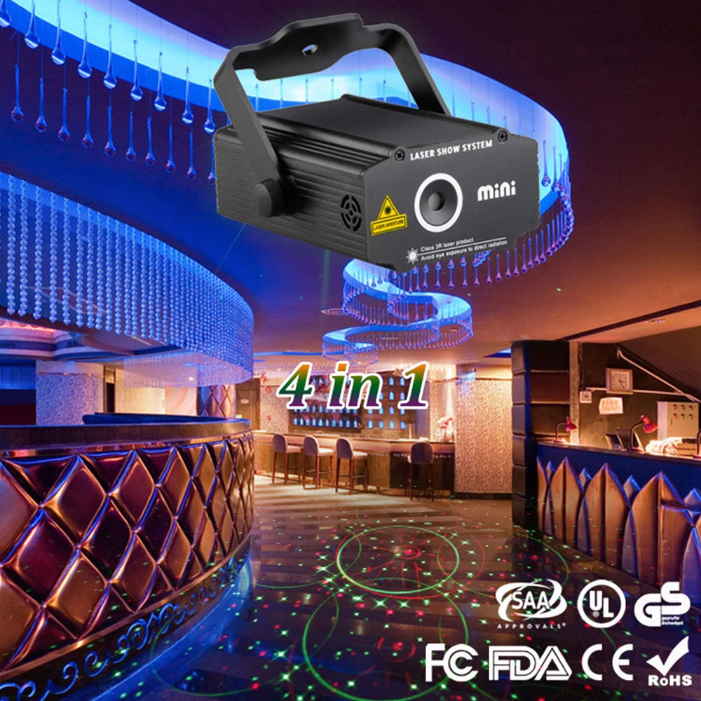 Mini 4in1 Pattern R&ampG Laser Projector Music Activated Stage Lights Effect Christmas For DJ Disco Club Party Show | Лампы и