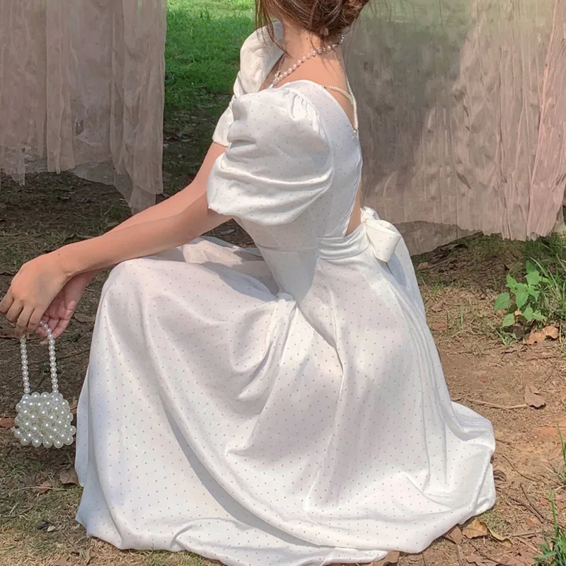

French Vintage Bow Maxi Dresses Summer Short Sleeve Elegant Blue White Dresses Female 2021 Sweet Vestidos Elegantes Para Mujer