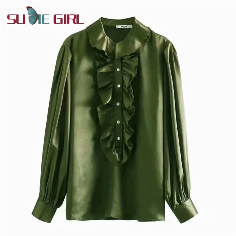 

SUDIE Girl Women's shirt, fashionable and versatile solid color ruffled collar laminated decorative shirt