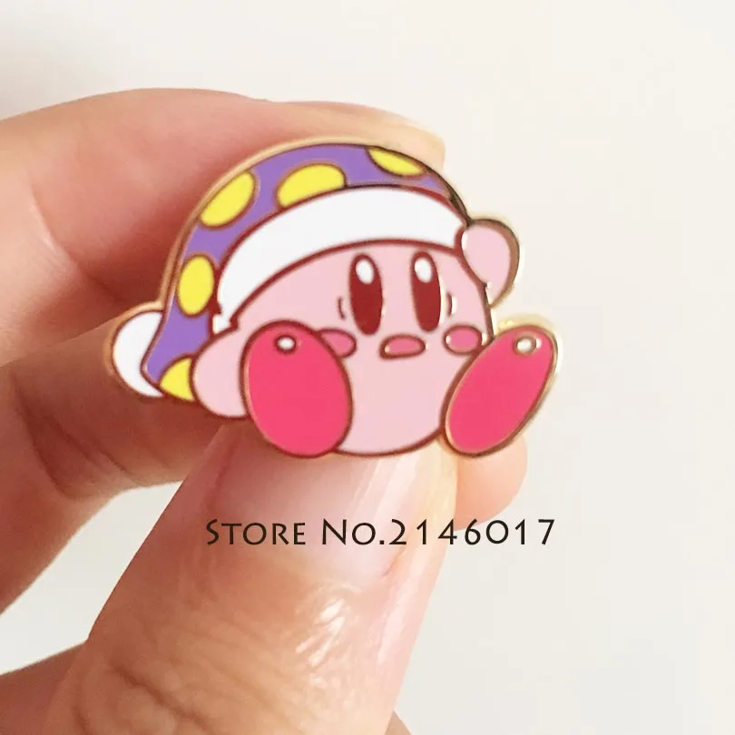 50pcs Cute Metal Badge Gifts Hard Enamel Pin Cool Bag Lapel Pins and Brooches Sleepy Kirby with Hat for Character Video Game