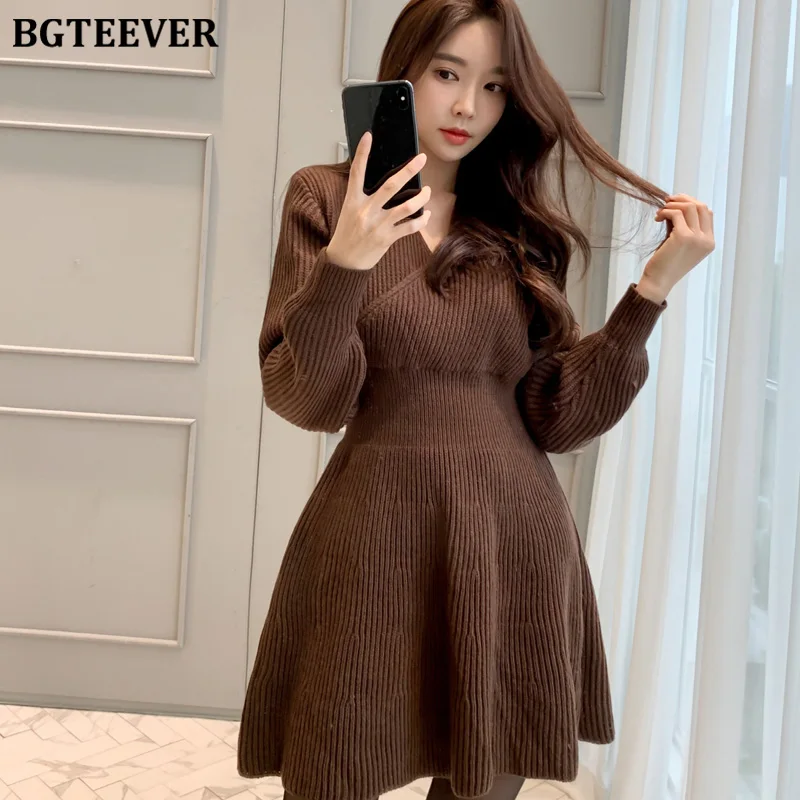 Женское вязаное платье трапеция BGTEEVER элегантное облегающее свитер с v образным