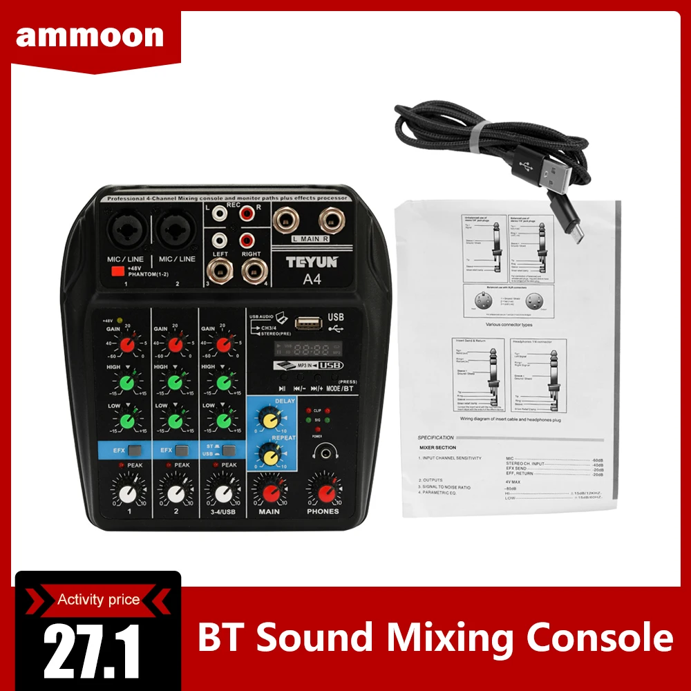 TU04 BT микшерный пульт записи 48 В Phantom power Monitor AUX Paths Plus Effects 4 канала аудио микшер с USB